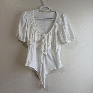 BaeVely White Ribbed Milkmaid Bodysuit Ruched Tie Front Puff Sleeve M